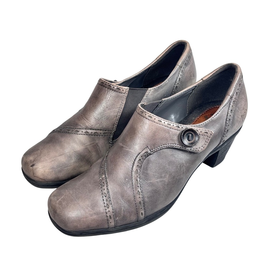 Earth Origins Marla Heels Gray Leather Brogue‎ Button Comfort Cottagecore 11